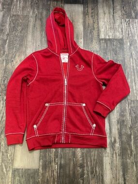 True Religion Red Hooded Zip Jacket with Contrast Stitching